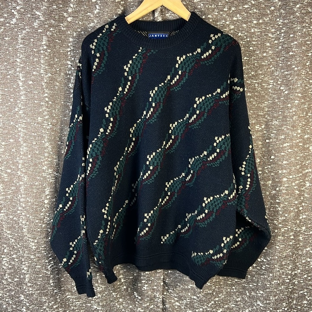 Vintage Jantzen Knit Sweater Wavey Forest Knit Heavy Thick Warm Crewneck‎